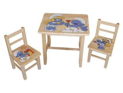 Kindertisch aus Holz mit Stühlen – Schlümpfe