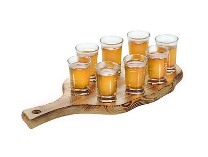Holzträger mit 8 Schnapsgläsern