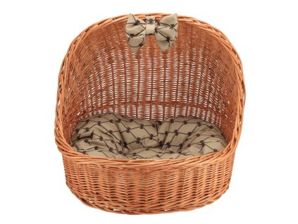 Hundebett aus Weide mit Baldachin – natur mit beiger Schleife